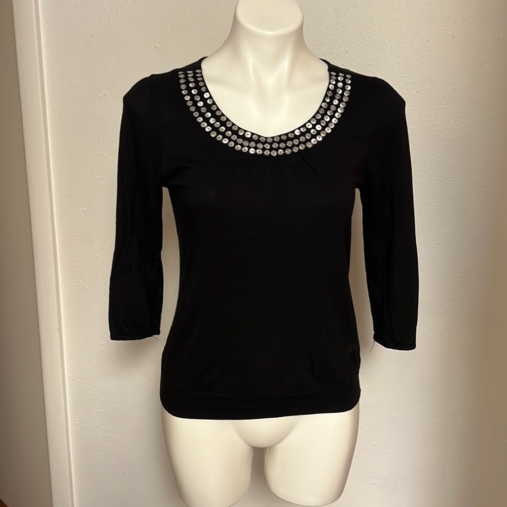 Per Sé 3/4 Sleeve Black Sequin lined Top Sz SP